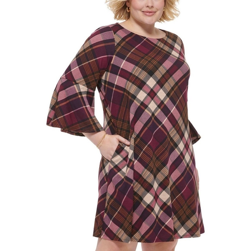 Jessica Howard Women's 3X Plaid Bell Sleeve Keyhole Neck‎ Dress Purple Multi NWT